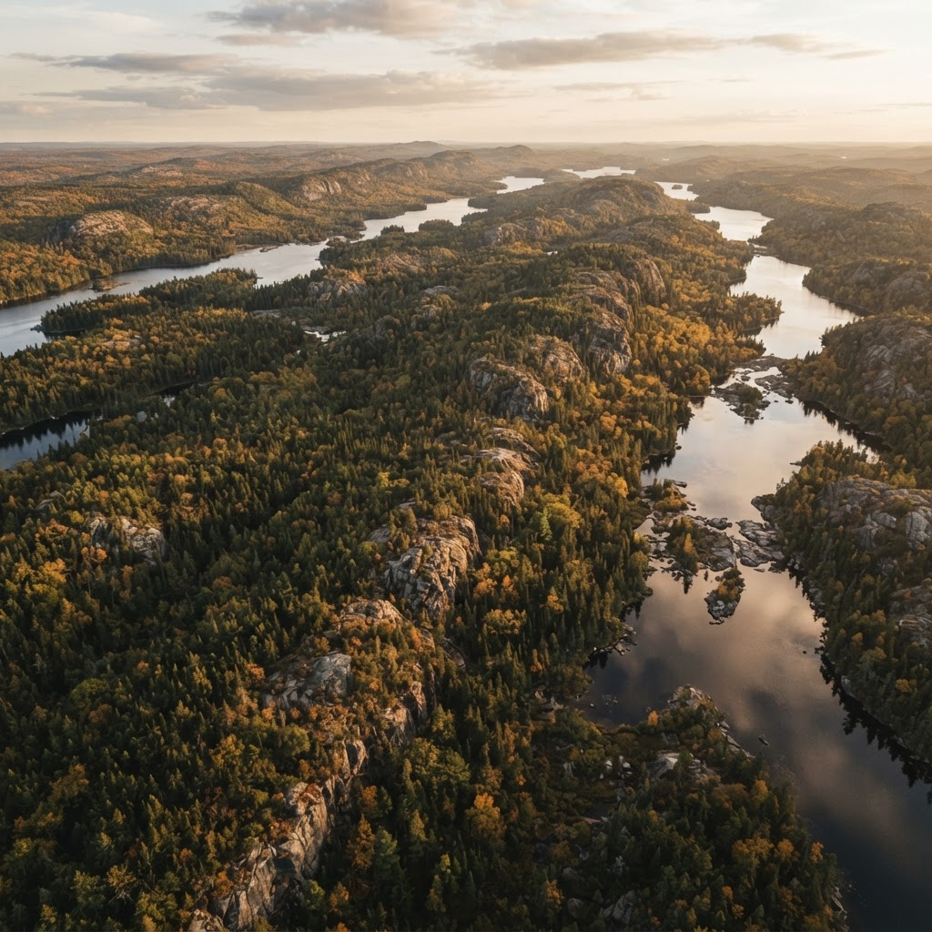 Aerial view of boreal forest and granite outcrops of the Canadian Shield in northern Quebec