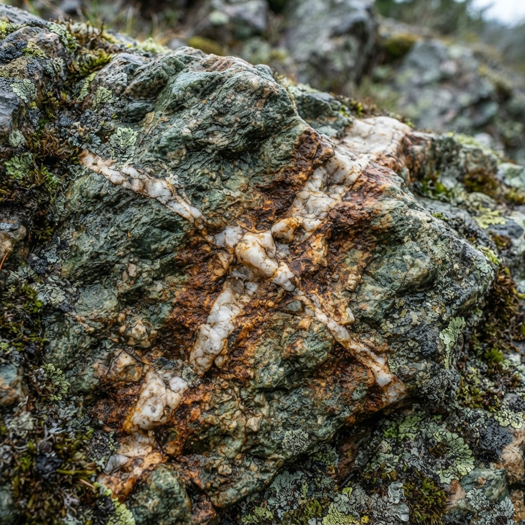 Weathered greenstone outcrop with quartz veining and iron-oxide staining